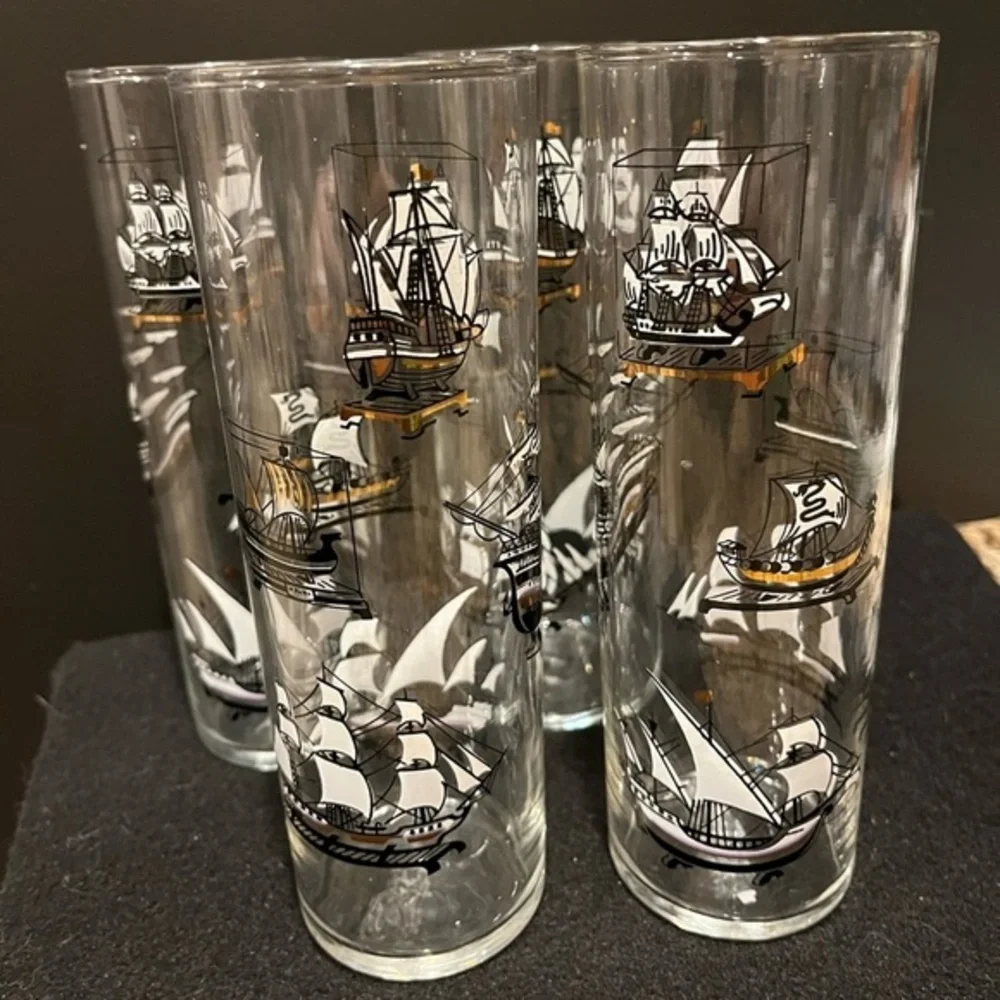 Vintage Libbey Nautical Tall Ship Design Hi Ball Glasses Set of 4